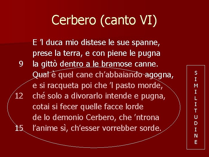 Cerbero (canto VI) 9 12 15 E ’l duca mio distese le sue spanne,