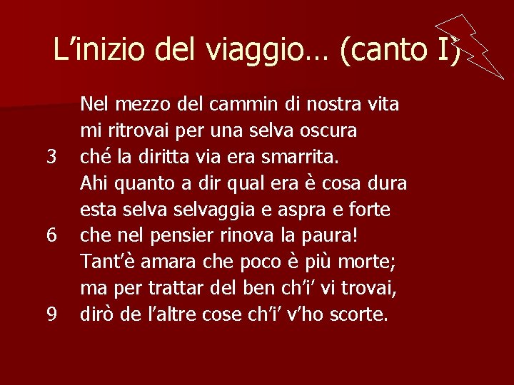 L’inizio del viaggio… (canto I) 3 6 9 Nel mezzo del cammin di nostra