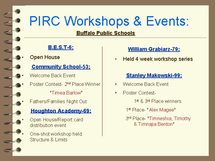 PIRC Workshops & Events: Buffalo Public Schools B. E. S. T-6: • Open House