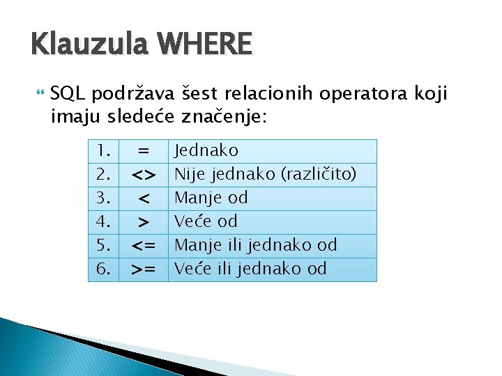 Klauzula WHERE SQL podržava šest relacionih operatora koji imaju sledeće značenje: 1. 2. 3.