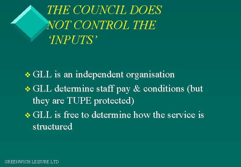 THE COUNCIL DOES NOT CONTROL THE ‘INPUTS’ v GLL is an independent organisation v