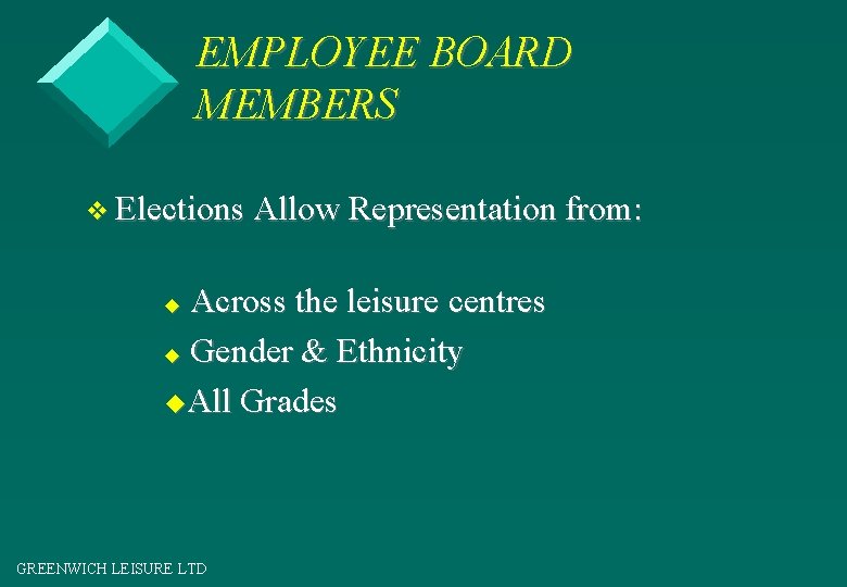 EMPLOYEE BOARD MEMBERS v Elections Allow Representation from: Across the leisure centres u Gender