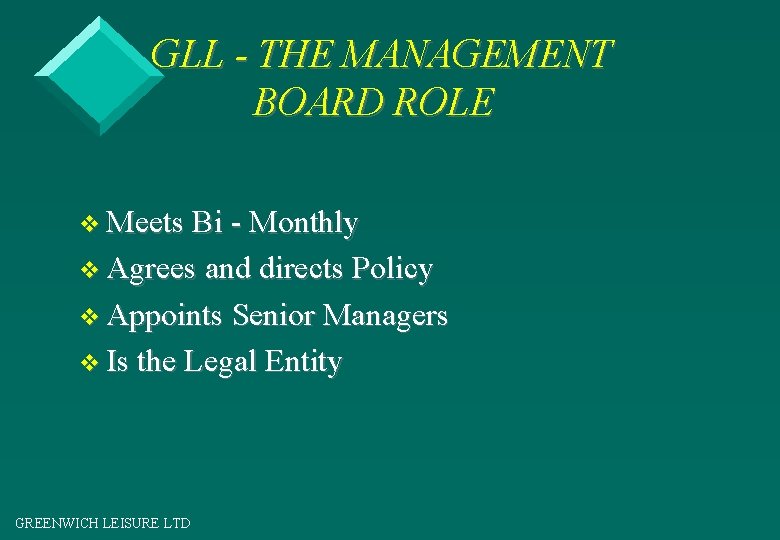 GLL - THE MANAGEMENT BOARD ROLE v Meets Bi - Monthly v Agrees and