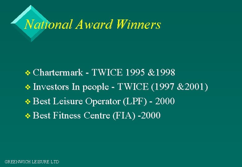 National Award Winners v Chartermark - TWICE 1995 &1998 v Investors In people -