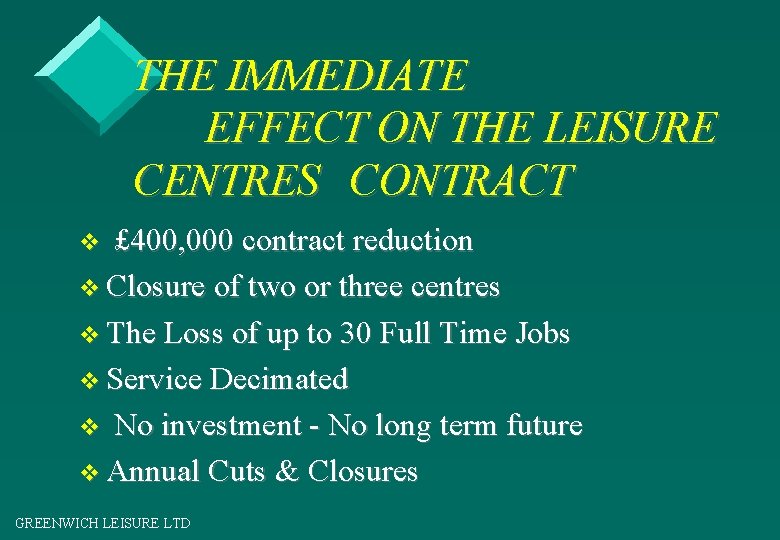 THE IMMEDIATE EFFECT ON THE LEISURE CENTRES CONTRACT £ 400, 000 contract reduction v