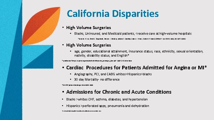 California Disparities • High Volume Surgeries • Blacks, Uninsured, and Medicaid patients, <receive care