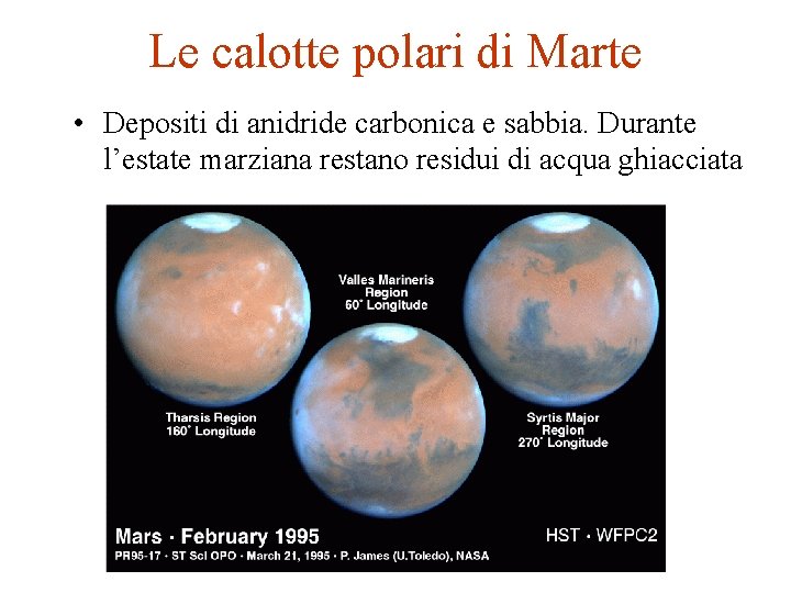 Le calotte polari di Marte • Depositi di anidride carbonica e sabbia. Durante l’estate