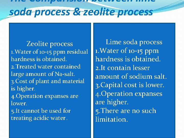 The Comparision between lime soda process & zeolite process Zeolite process 1. Water of