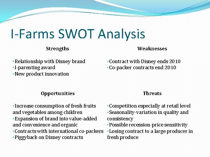 I-Farms SWOT Analysis Strengths • Relationship with Disney brand • I-parenting award • New