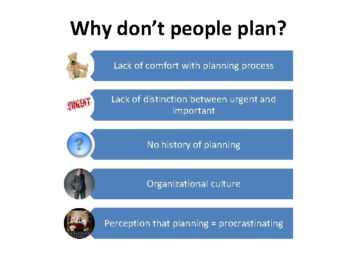 Why don’t people plan? Lack of comfort with planning process Lack of distinction between
