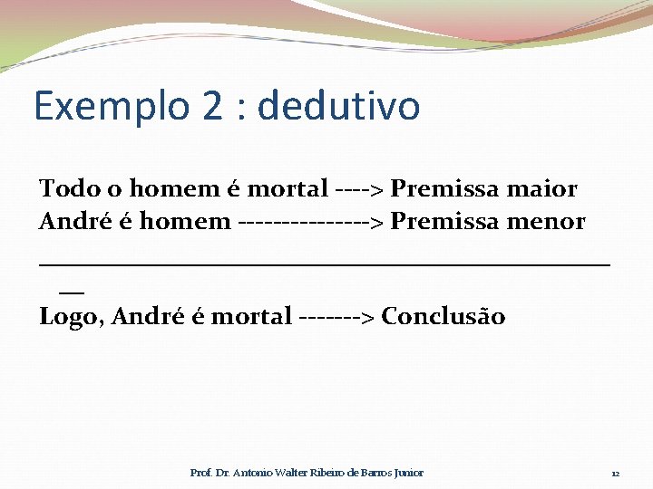 Exemplo 2 : dedutivo Todo o homem é mortal ----> Premissa maior André é