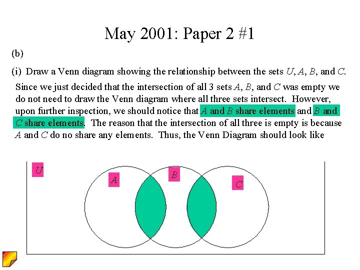 May 2001: Paper 2 #1 (b) (i) Draw a Venn diagram showing the relationship May 2001: Paper 2 #1 (b) (i) Draw a Venn diagram showing the relationship