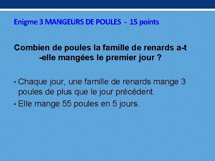 Enigme 3 MANGEURS DE POULES - 15 points Combien de poules la famille de