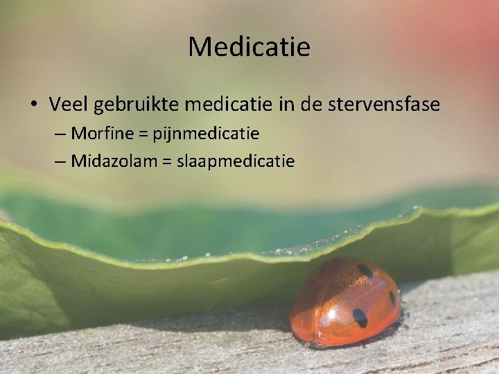 Medicatie • Veel gebruikte medicatie in de stervensfase – Morfine = pijnmedicatie – Midazolam