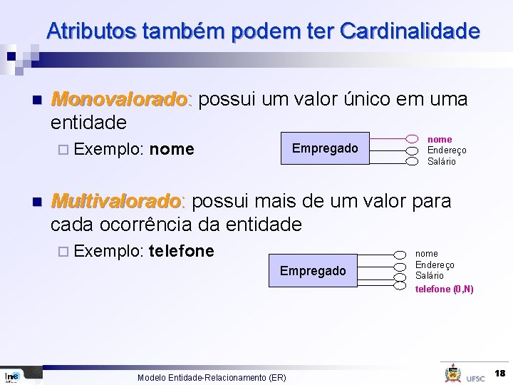 Atributos também podem ter Cardinalidade n Monovalorado: possui um valor único em uma entidade