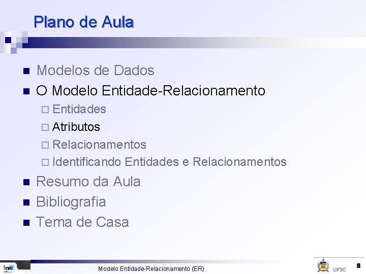 Plano de Aula n n Modelos de Dados O Modelo Entidade-Relacionamento ¨ Entidades ¨