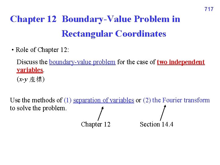 717 Chapter 12 Boundary-Value Problem in Rectangular Coordinates • Role of Chapter 12: Discuss