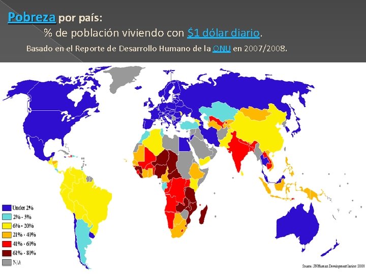 Pobreza por país: % de población viviendo con $1 dólar diario. Basado en el