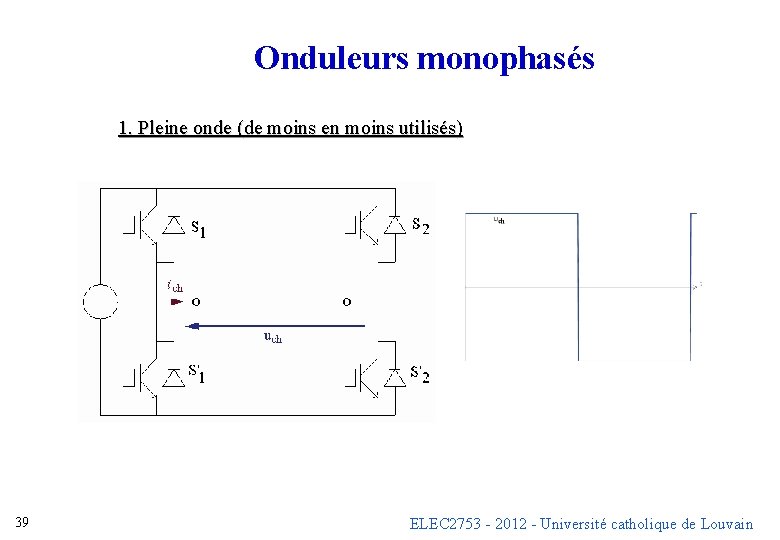 Onduleurs monophasés 1. Pleine onde (de moins en moins utilisés) 39 ELEC 2753 - Onduleurs monophasés 1. Pleine onde (de moins en moins utilisés) 39 ELEC 2753 -