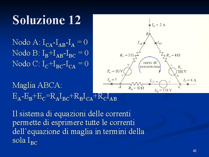 Soluzione 12 Nodo A: ICA-IAB-IA = 0 Nodo B: IB+IAB-IBC = 0 Nodo C: