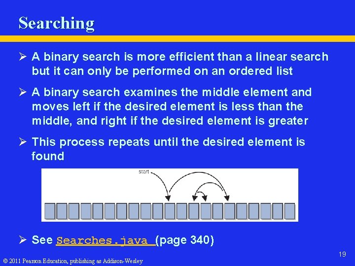Searching Ø A binary search is more efficient than a linear search but it