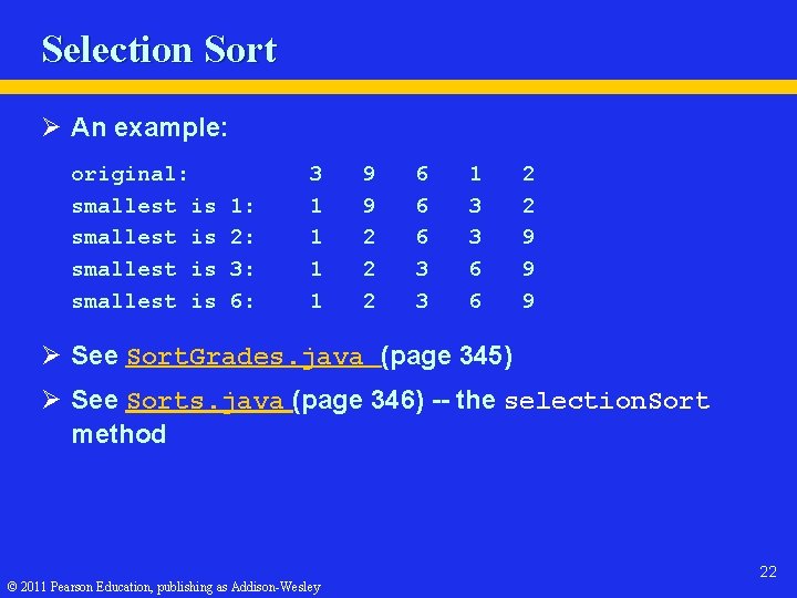 Selection Sort Ø An example: original: smallest is 1: 2: 3: 6: 3 1