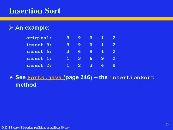 Insertion Sort Ø An example: original: insert 9: insert 6: insert 1: insert 2: