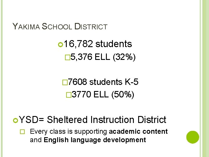 YAKIMA SCHOOL DISTRICT 16, 782 students � 5, 376 ELL (32%) � 7608 students