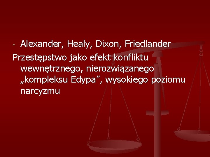 Alexander, Healy, Dixon, Friedlander Przestępstwo jako efekt konfliktu wewnętrznego, nierozwiązanego „kompleksu Edypa”, wysokiego poziomu
