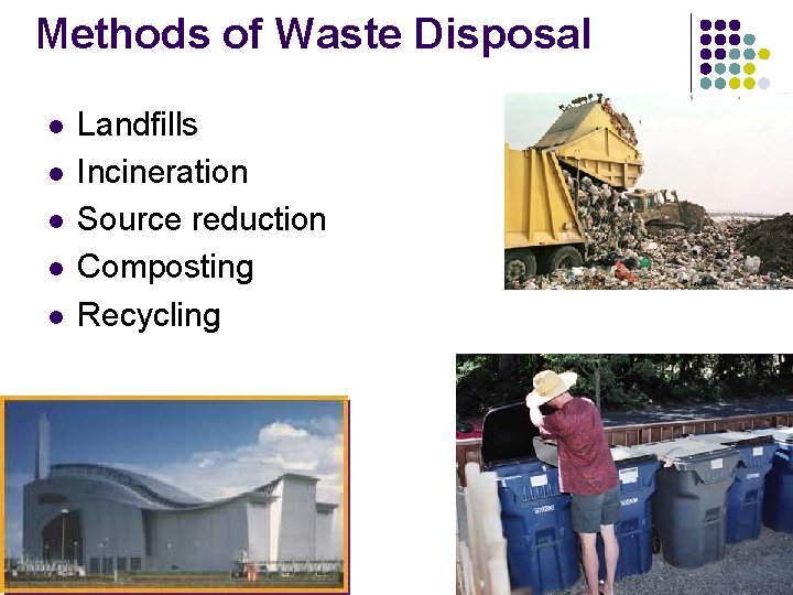 Methods of Waste Disposal l l Landfills Incineration Source reduction Composting Recycling 