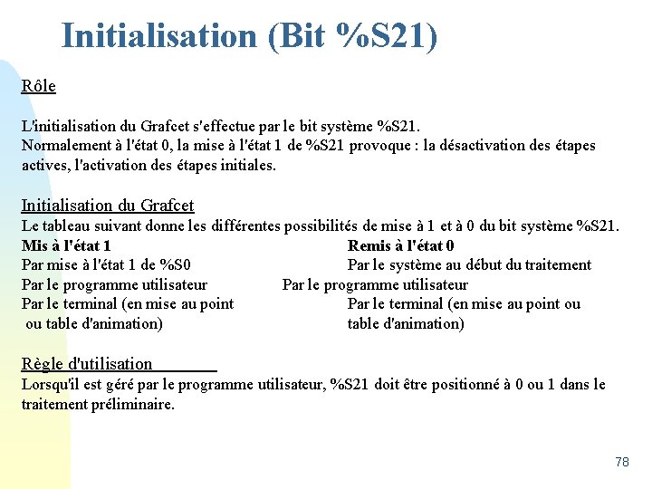 Initialisation (Bit %S 21) Rôle L'initialisation du Grafcet s'effectue par le bit système %S