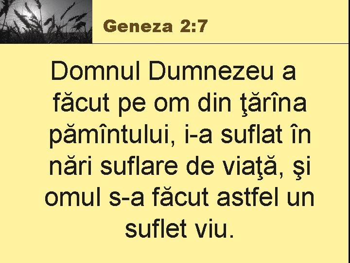 Geneza 2: 7 Domnul Dumnezeu a făcut pe om din ţărîna pămîntului, i-a suflat