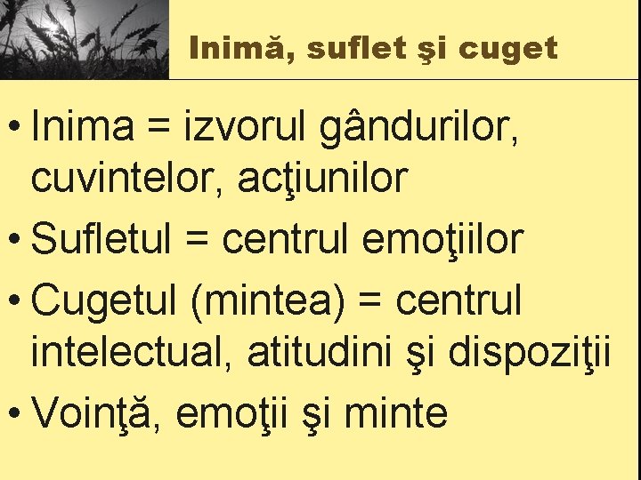 Inimă, suflet şi cuget • Inima = izvorul gândurilor, cuvintelor, acţiunilor • Sufletul =