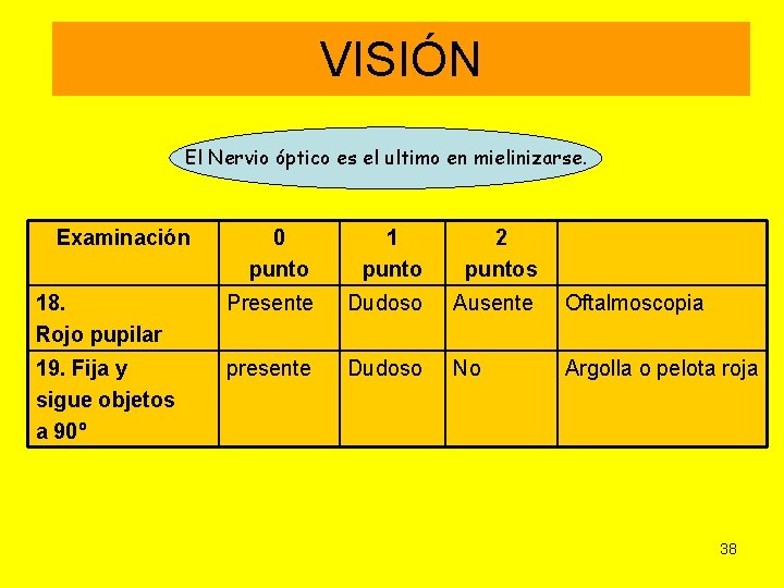 VISIÓN El Nervio óptico es el ultimo en mielinizarse. Examinación 0 punto 1 punto