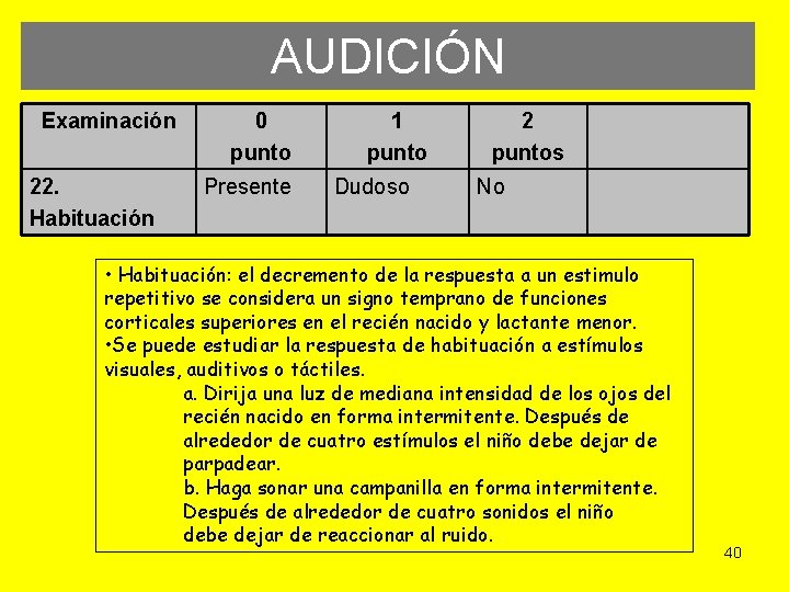 AUDICIÓN Examinación 22. Habituación 0 punto Presente 1 punto Dudoso 2 puntos No •