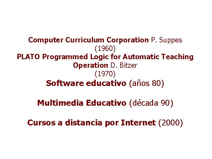 Computer Curriculum Corporation P. Suppes (1960) PLATO Programmed Logic for Automatic Teaching Operation D.