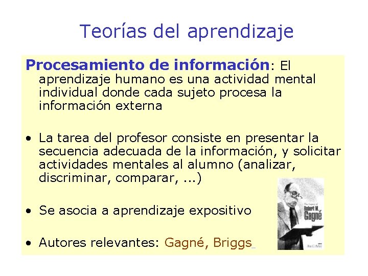 Teorías del aprendizaje Procesamiento de información: El aprendizaje humano es una actividad mental individual