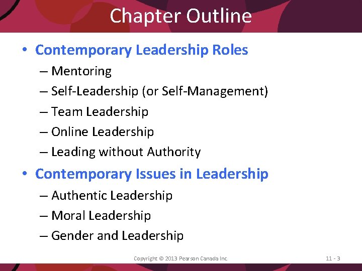 Chapter Outline • Contemporary Leadership Roles – Mentoring – Self-Leadership (or Self-Management) – Team