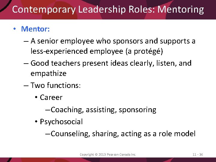 Contemporary Leadership Roles: Mentoring • Mentor: – A senior employee who sponsors and supports