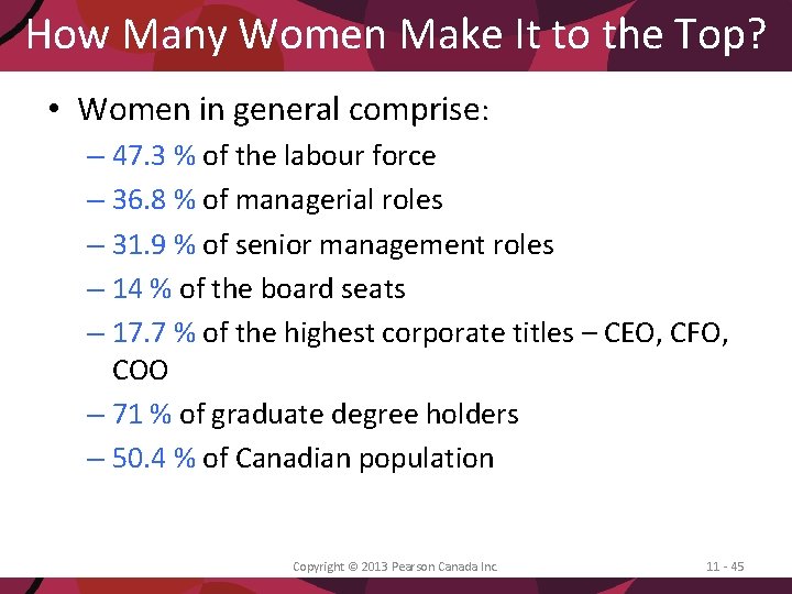 How Many Women Make It to the Top? • Women in general comprise: –