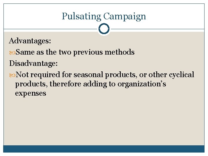 Pulsating Campaign Advantages: Same as the two previous methods Disadvantage: Not required for seasonal