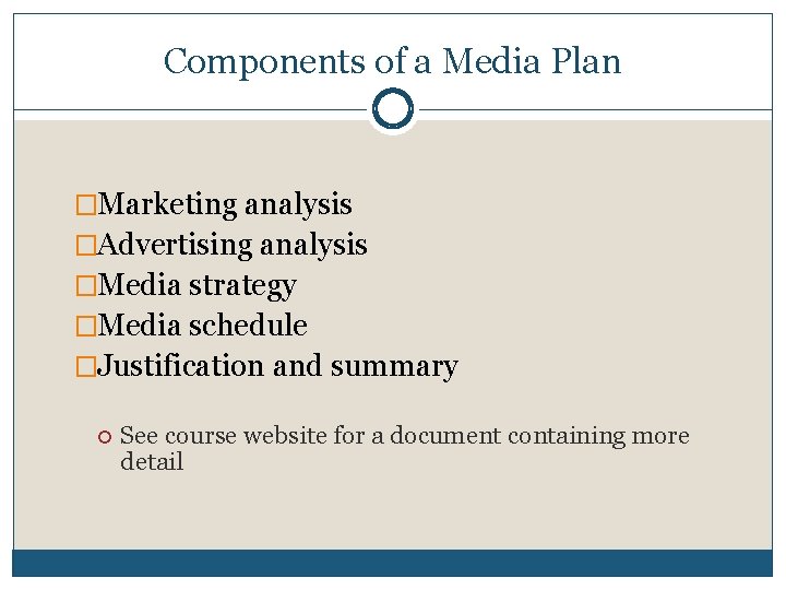 Components of a Media Plan �Marketing analysis �Advertising analysis �Media strategy �Media schedule �Justification