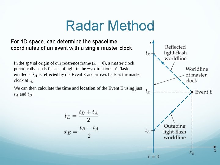 Radar Method For 1 D space, can determine the spacetime coordinates of an event Radar Method For 1 D space, can determine the spacetime coordinates of an event
