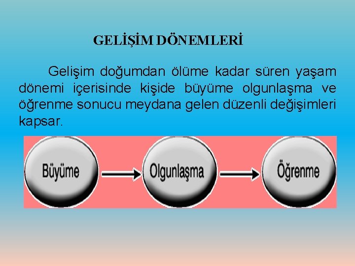 GELİŞİM DÖNEMLERİ Gelişim doğumdan ölüme kadar süren yaşam dönemi içerisinde kişide büyüme olgunlaşma ve