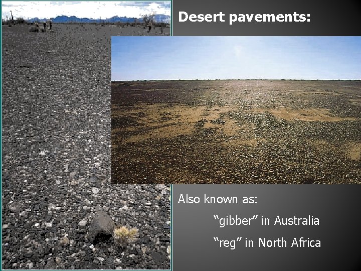 Desert pavements: Also known as: “gibber” in Australia “reg” in North Africa 