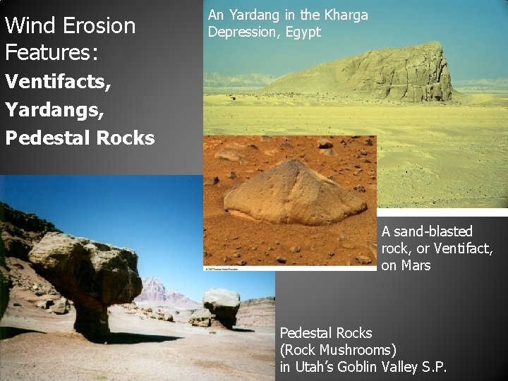 Wind Erosion Features: An Yardang in the Kharga Depression, Egypt Ventifacts, Yardangs, Pedestal Rocks