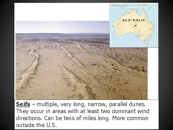 Seifs – multiple, very long, narrow, parallel dunes. They occur in areas with at
