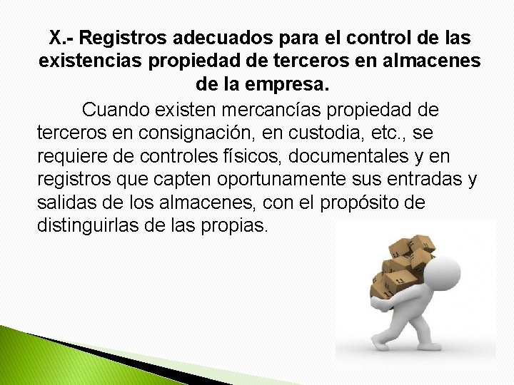 X. - Registros adecuados para el control de las existencias propiedad de terceros en