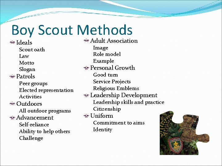 Boy Scout Methods Ideals Adult Association Image Role model Example Scout oath Law Motto
