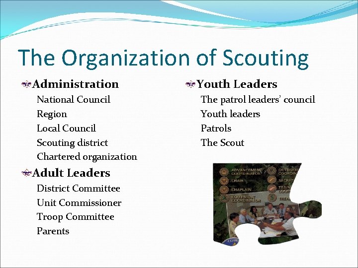 The Organization of Scouting Administration National Council Region Local Council Scouting district Chartered organization